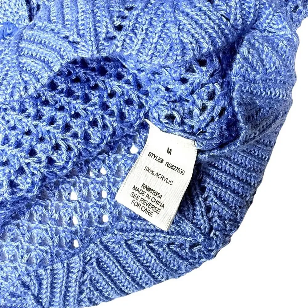 No Comment Crochet Top Blue Spread Collar Womens Med Button Up Knit Cardigan New